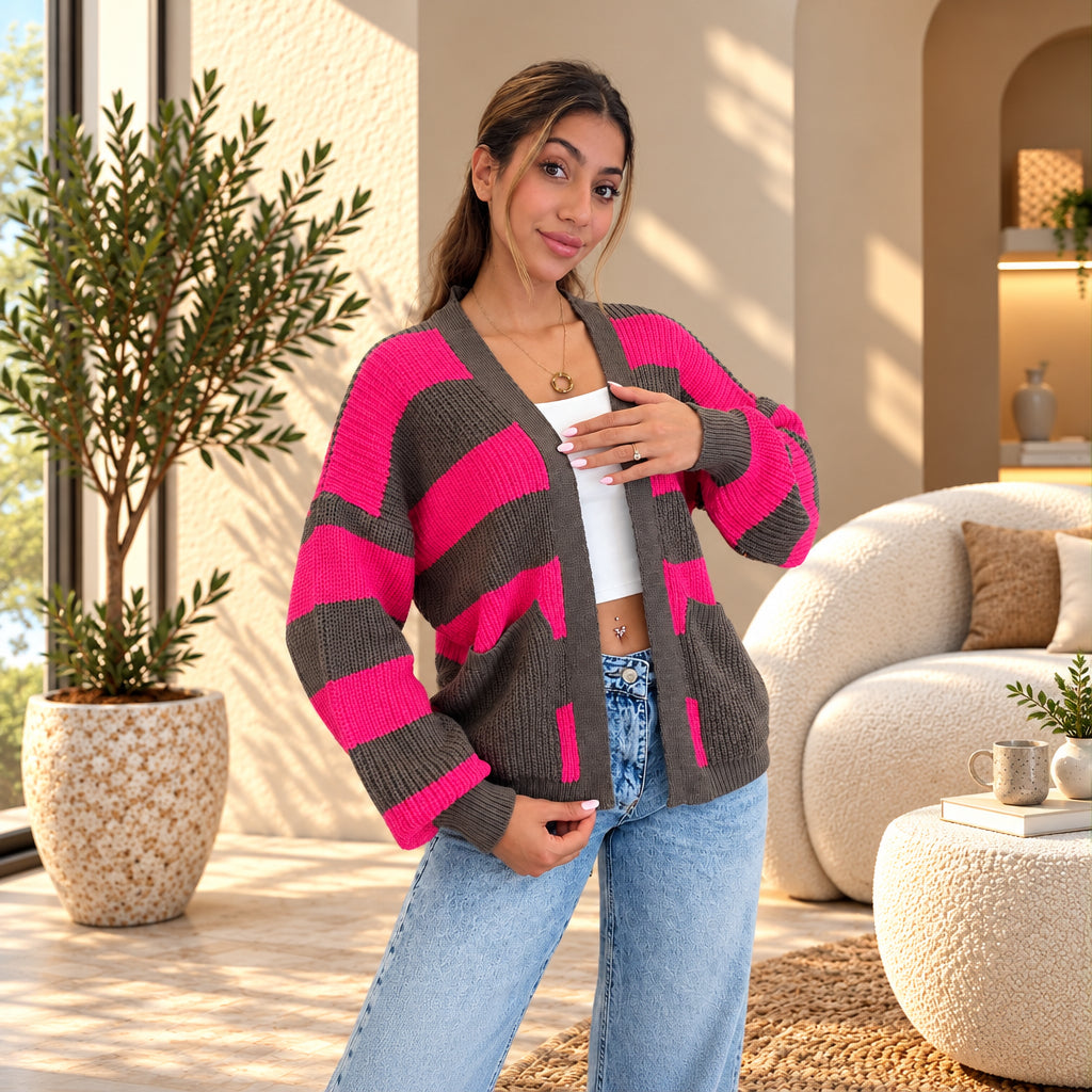 Fuchsia and taupe striped open cardigan with patch pockets and jeans