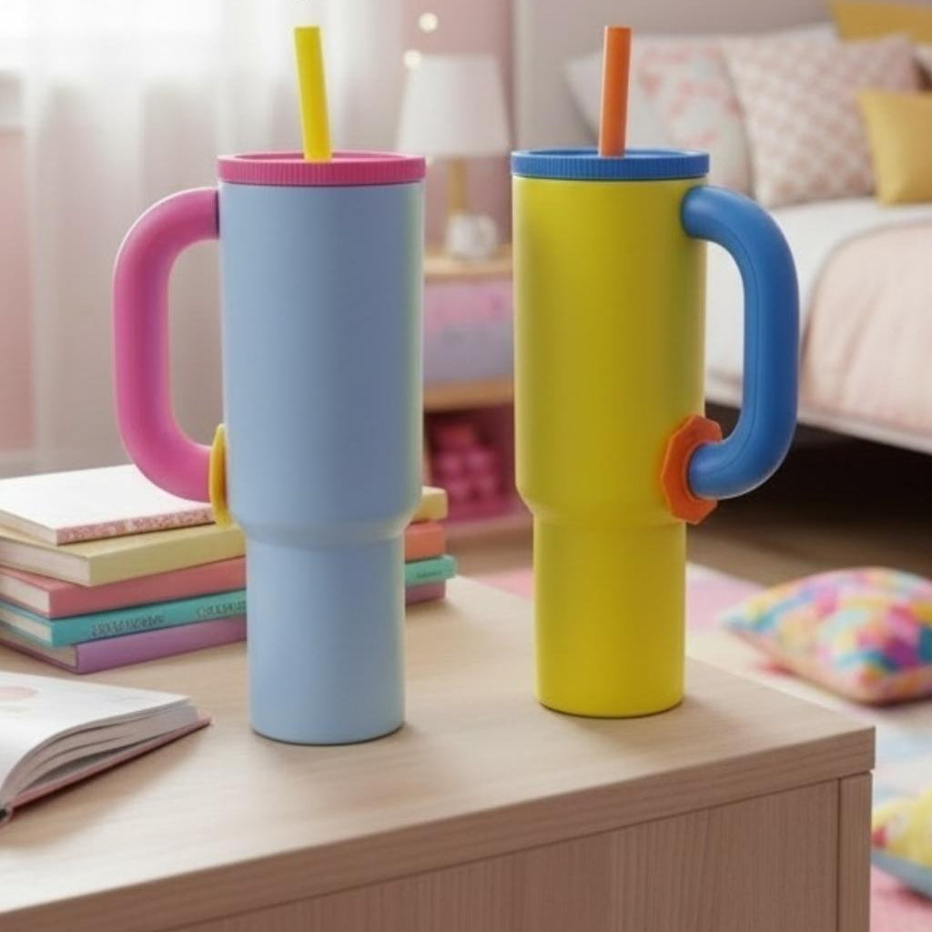 Two bright colour block tumblers, pastel blue with pink and yellow with blue