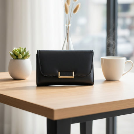Black handbag on a wooden table with a cup of coffee and a plant in the background