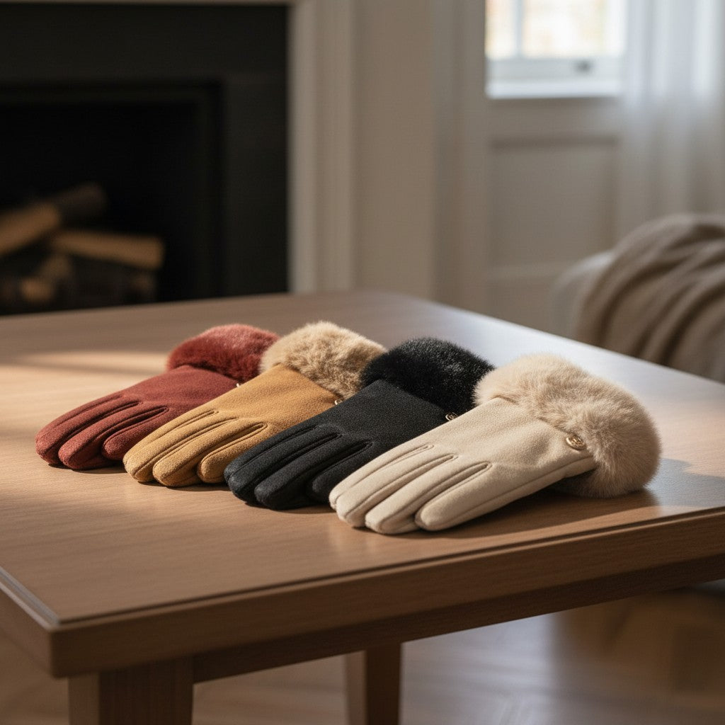 Four fur trim leather gloves in burgundy, brown, black, and beige are lined up on a light wood table in a cozy, softly lit room