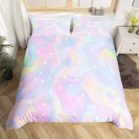 Pastel galaxy bedding set for kids with tie dye sky and stars