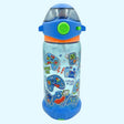 Children's water bottle with gaming-themed design on a light blue background