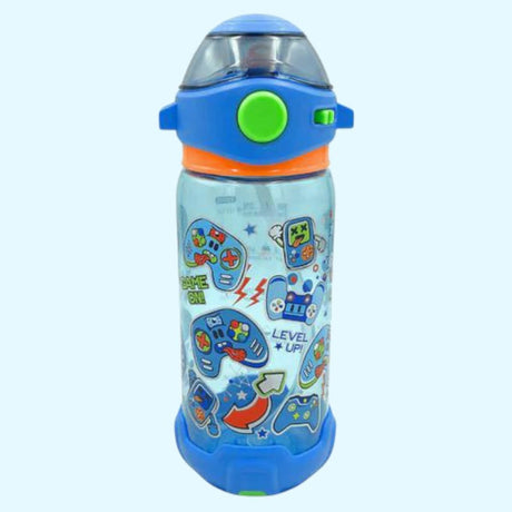 Children's water bottle with gaming-themed design on a light blue background