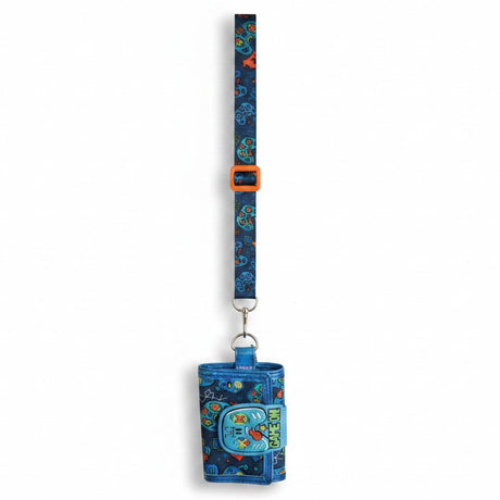 Blue gamer wallet with a 3D game controller patch and matching printed neck lanyard strap