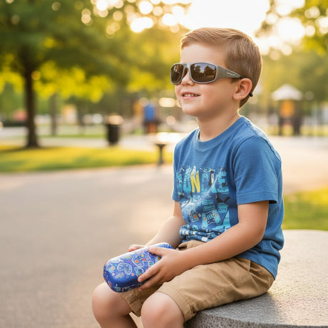Boy wearing silver sport sunglasses with a blue gaming print case, Jack Gifts Online Lebanon