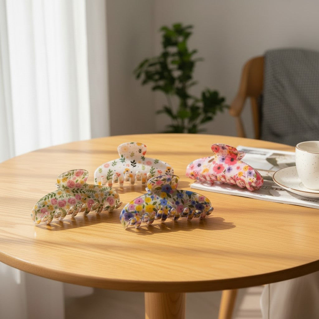 Garden print claw clips in five floral colours on a wooden table, Jack Gifts Online Lebanon