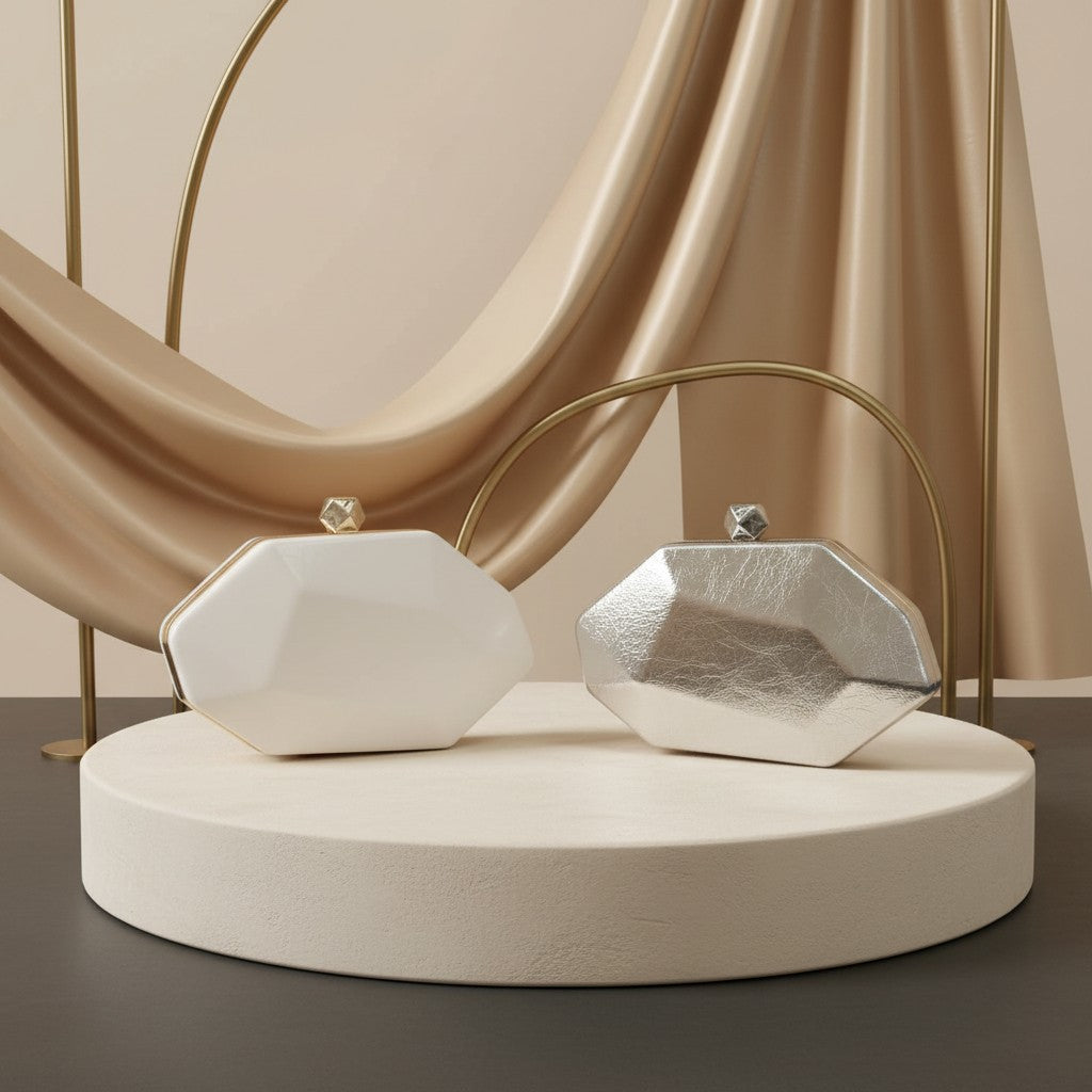 Geometric faceted evening clutches in white and silver – Jack Gifts Online Lebanon