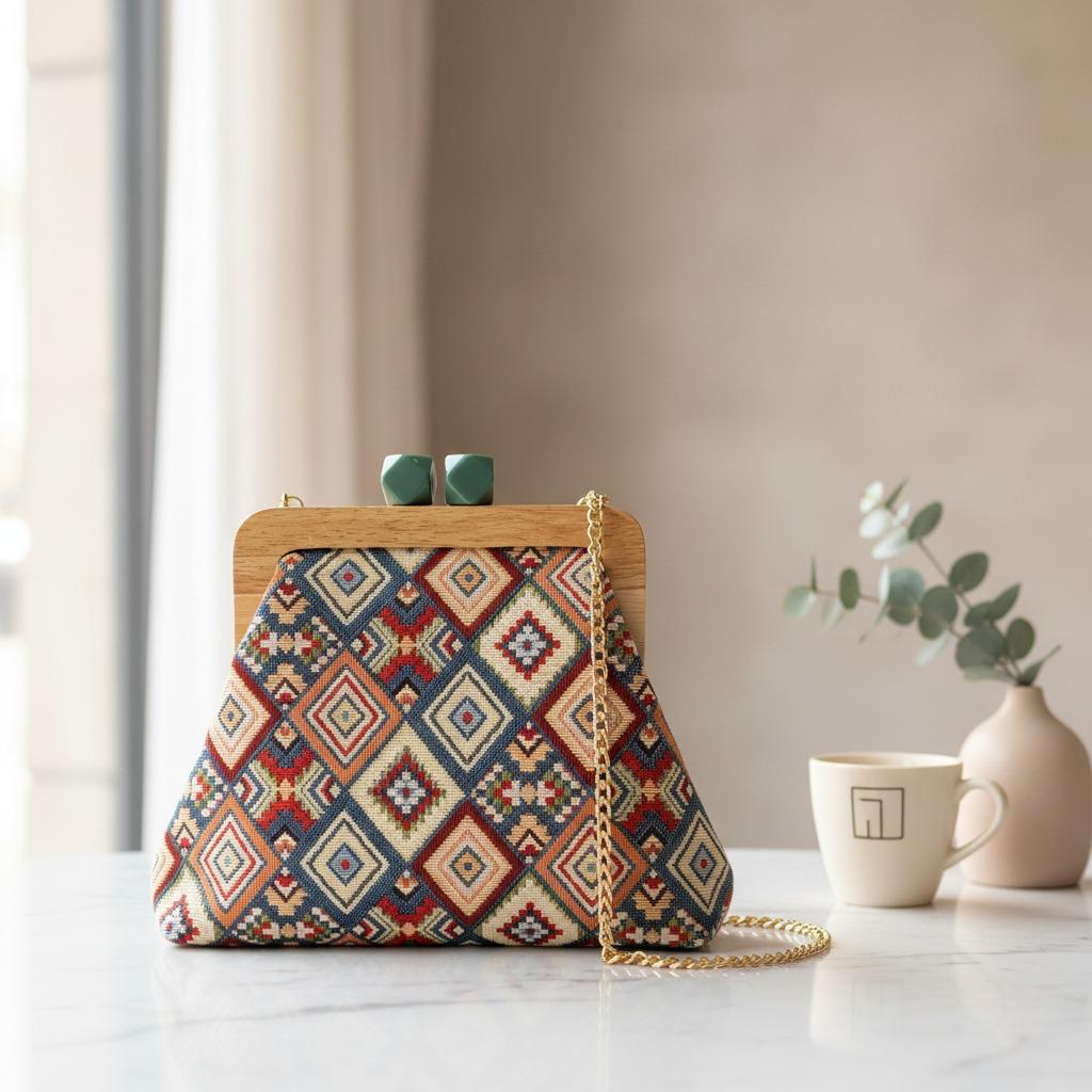 Red and navy diamond pattern handbag on white marble beside a mug