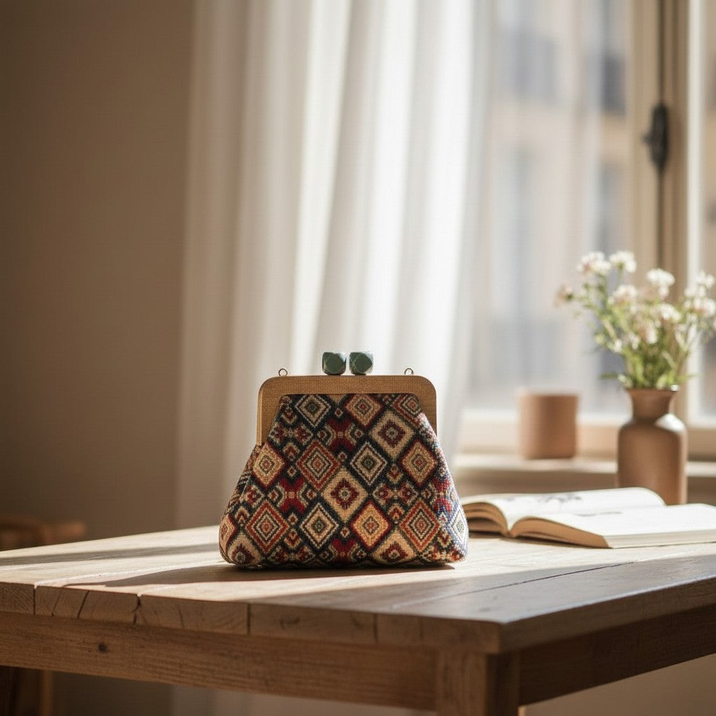 Diamond pattern frame bag on a rustic table next to an open book
