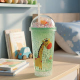 Mint green crackled ice tumbler with a bead dome lid and a smiling giraffe print