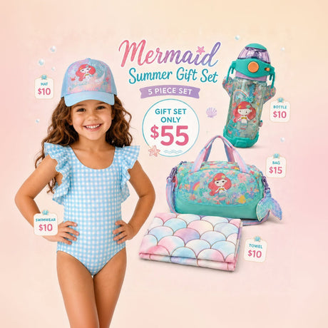 A children's mermaid-themed summer gift set displayed on a soft pink background, featuring a smiling girl wearing a light blue gingham swimsuit and matching cap, with accessories including a water bottle, tote bag, towel, and beach mat