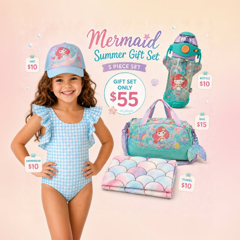A children's mermaid-themed summer gift set displayed on a soft pink background, featuring a smiling girl wearing a light blue gingham swimsuit and matching cap, with accessories including a water bottle, tote bag, towel, and beach mat