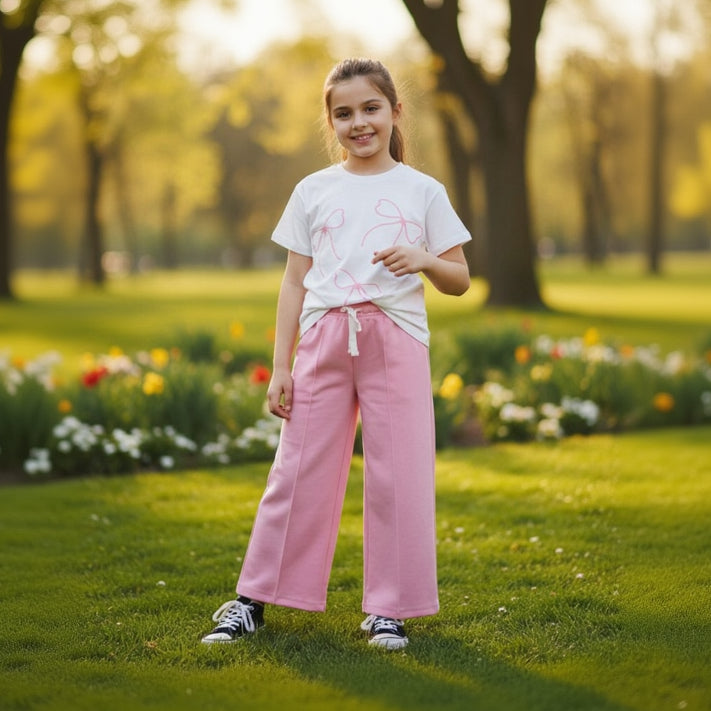 White bow print tee and pink drawstring wide leg pants worn in a park
