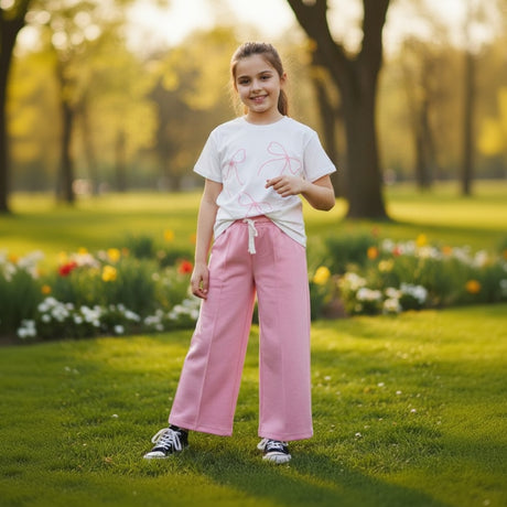 White bow print tee and pink drawstring wide leg pants worn in a park