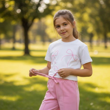 Girl in a white bow print tee and soft pink wide leg pants