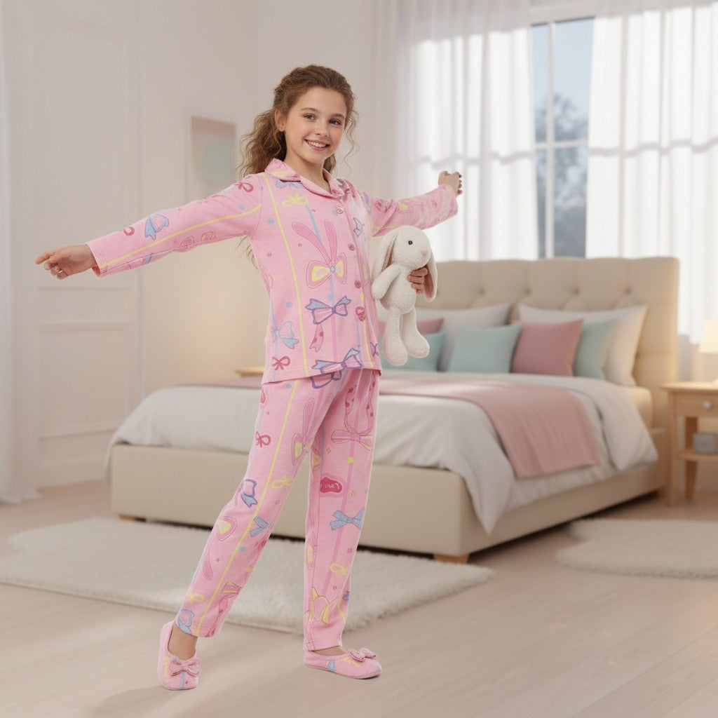 Pink bow print button up pajama set with matching slippers and a plush bunny