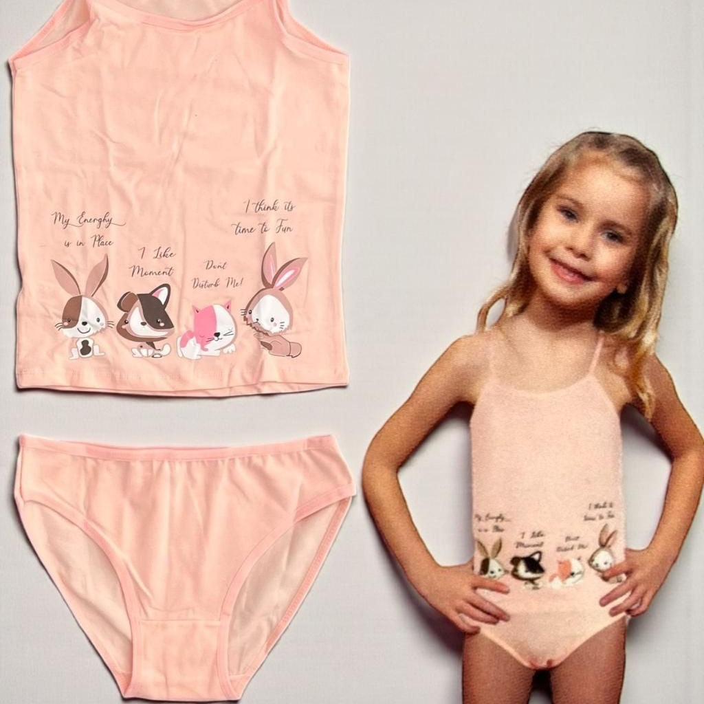 Peach cotton camisole and briefs set with a bunny and puppy print
