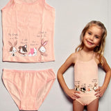 Peach cotton camisole and briefs set with a bunny and puppy print