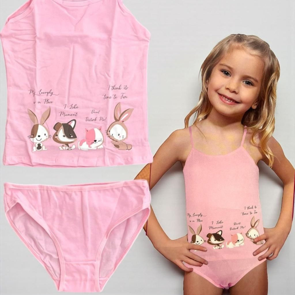 Pink cotton camisole and briefs set with a bunny and puppy print
