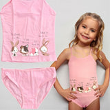 Pink cotton camisole and briefs set with a bunny and puppy print
