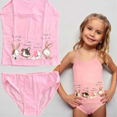 Pink cotton camisole and briefs set with a bunny and puppy print