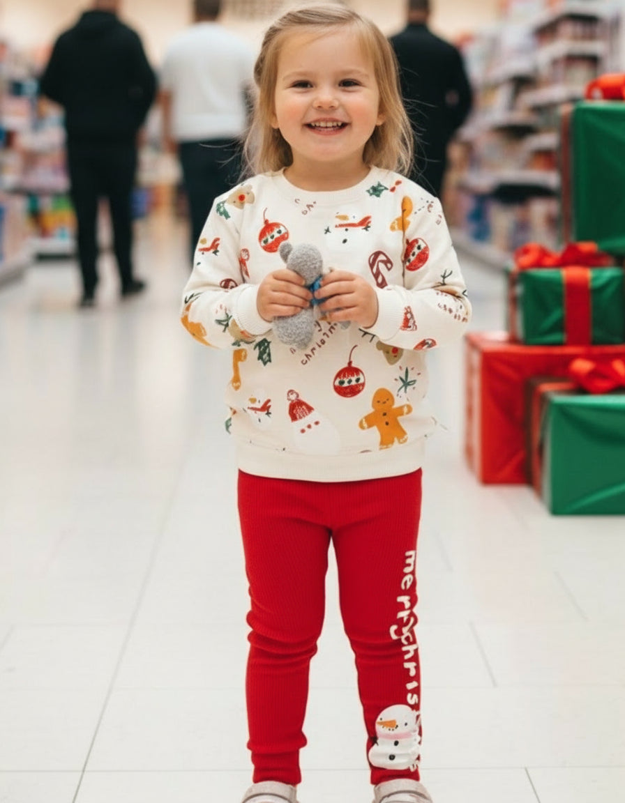 Smiling girl in a white holiday print top and red leggings standing in a store aisle beside gift boxes