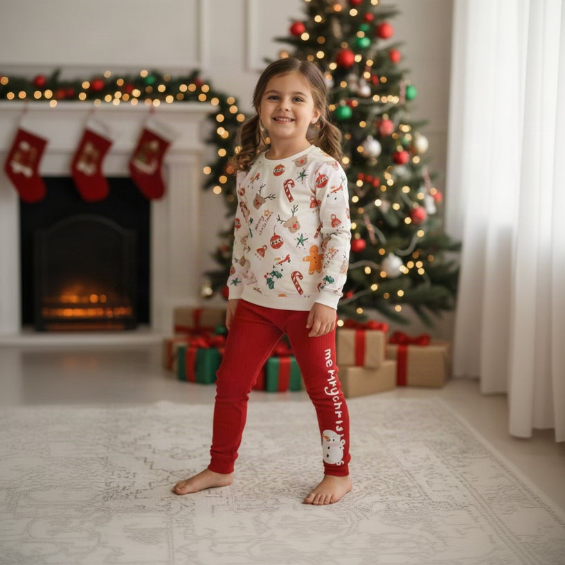 Girl in a white Christmas print top and red leggings posing in front of a decorated tree and fireplace