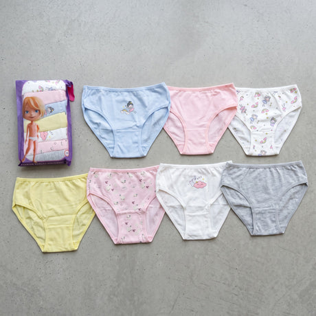 Seven pairs of girls cotton briefs in pastel shades with fairy and rainbow prints
