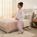 Pink and white striped button up pajama set with small heart print