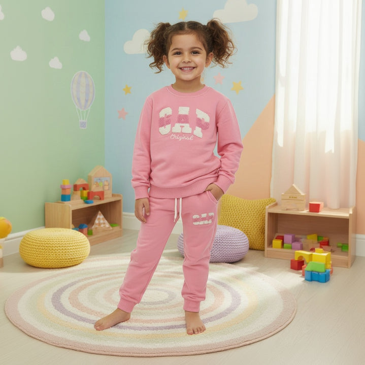 Girls pink logo sweatshirt and matching jogger set, soft fleece two piece tracksuit