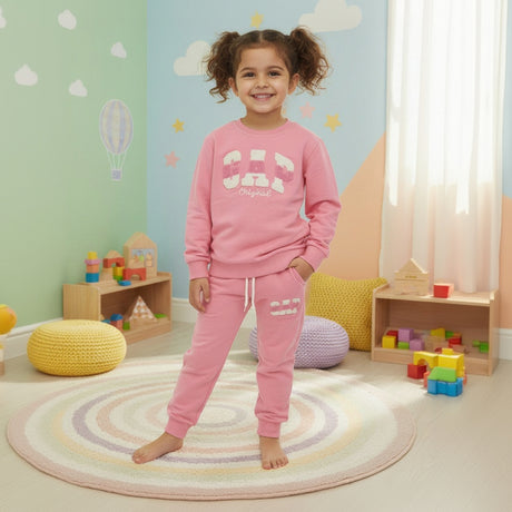 Girls pink logo sweatshirt and matching jogger set, soft fleece two piece tracksuit
