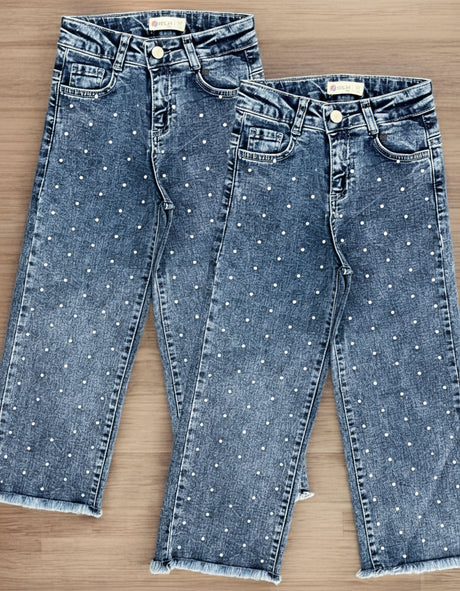 Wide leg denim jeans with raw frayed hem shown from the front