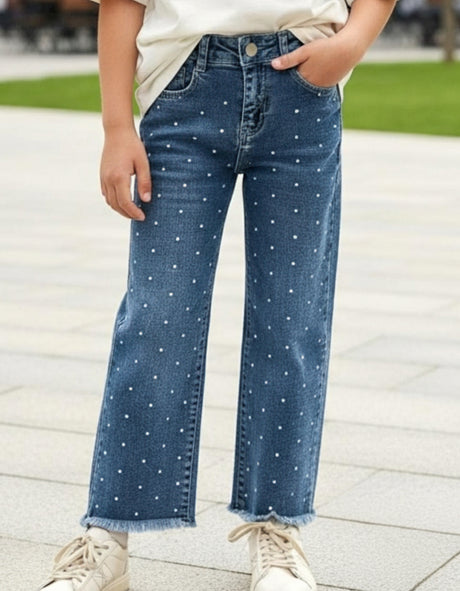Girls wide leg denim jeans with pearl studs and a raw frayed hem
