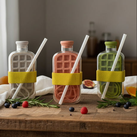 Three glass drink bottles in cream, coral and olive with yellow silicone sleeves and straws