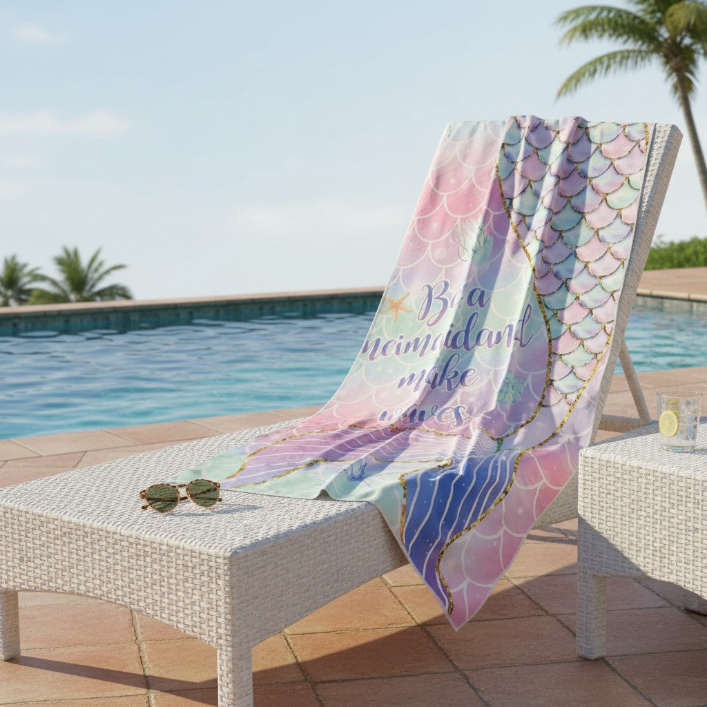 Pastel mermaid tail beach towel draped over a white wicker lounger by a pool