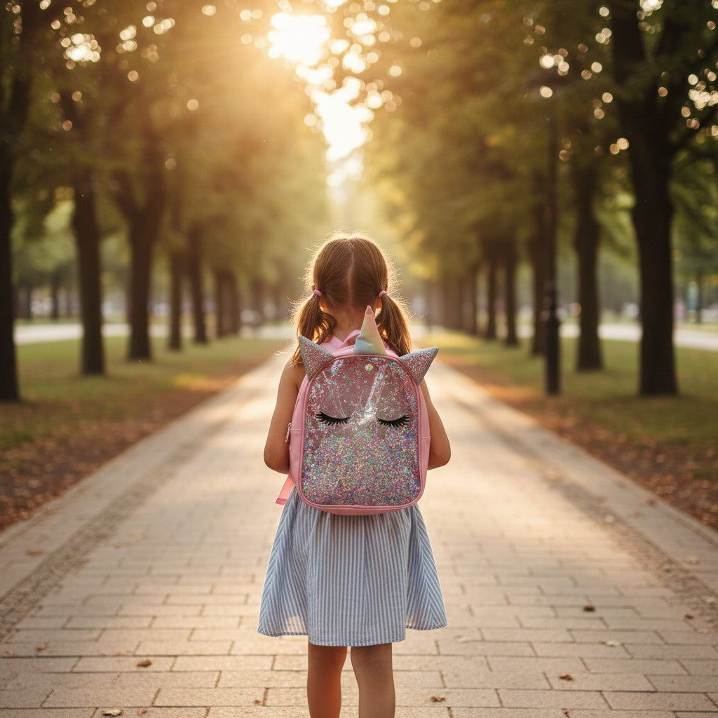 Girl walking with a sparkly unicorn backpack with 3D ears and a silver horn on her back