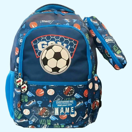 Navy sports print school bag with goal net graphic, football patch and customisable name panel