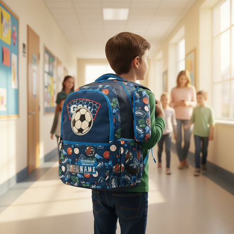 Boys navy Goal backpack with 3D football patch and matching pencil case