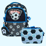 Soccer-themed goal backpack and lunch box set on a light blue background