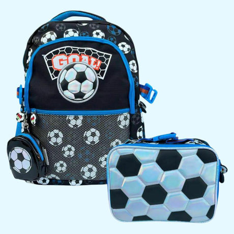 Soccer-themed goal backpack and lunch box set on a light blue background