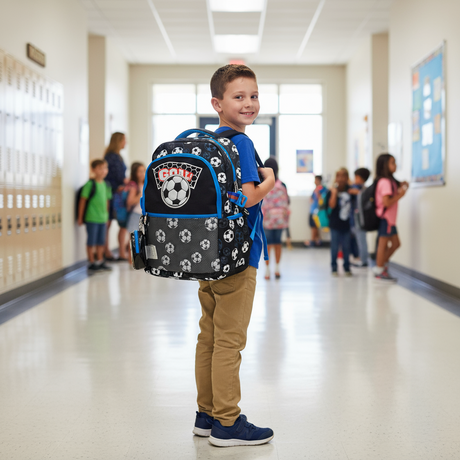 Child with a goal backpack in a school hallway