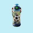 A kids' water bottle with a soccer theme, featuring a clear body with a printed soccer ball and the word 'GOAL'