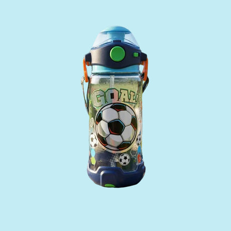 A kids' water bottle with a soccer theme, featuring a clear body with a printed soccer ball and the word 'GOAL'