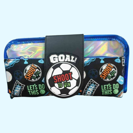 Soccer-themed pencil case with motivational phrases on a white background