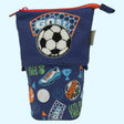 Blue pouch with sports-themed design featuring a soccer ball and text on a light blue background