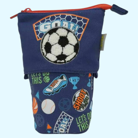 Blue pouch with sports-themed design featuring a soccer ball and text on a light blue background