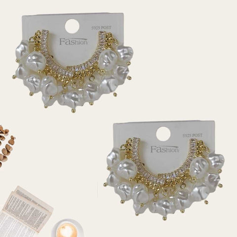 Gold White Pearl Rhinestone Earrings