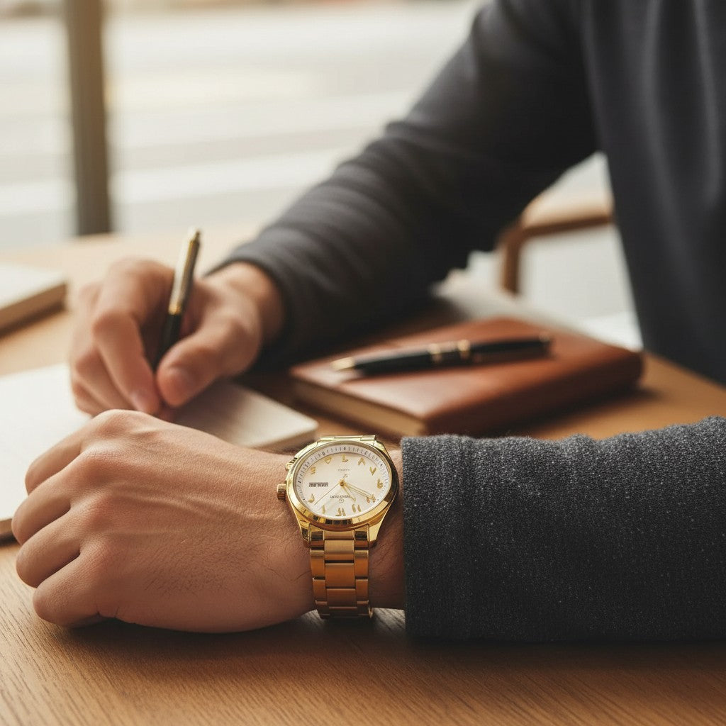 Men's gold tone watch with white dial and Arabic numerals, Jack Gifts Online Lebanon