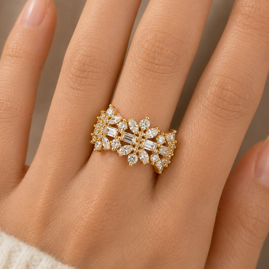 Gold cluster ring with baguette and marquise crystals, Jack Gifts Online Lebanon