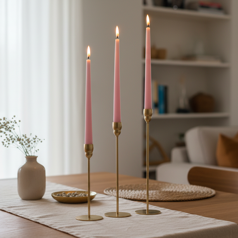 The slim gold trio lit on a wooden table beside gypsophila in a small bud vase
